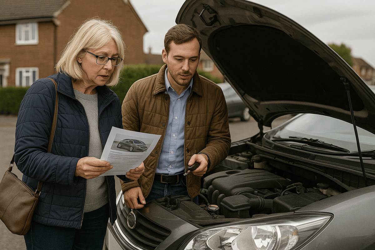 Vehicle buyer inspecting car with seller reviewing documentation before purchase