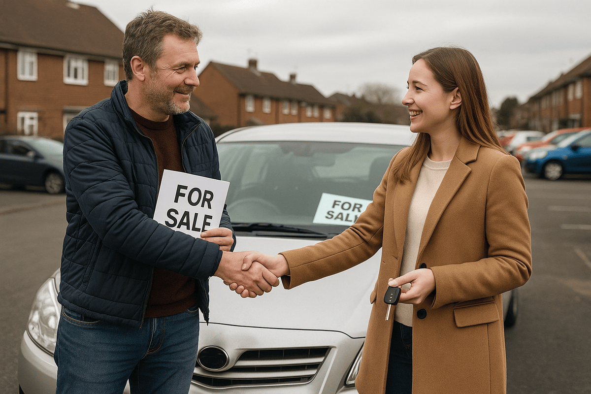 Happy car seller and buyer shaking hands completing private vehicle sale transaction