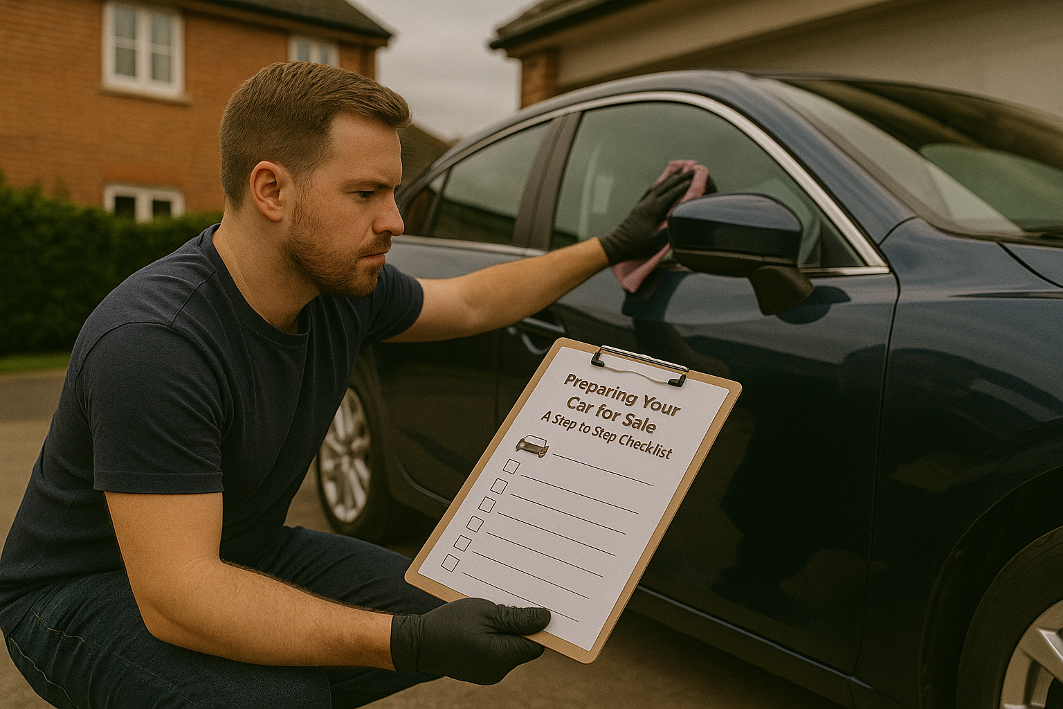 Man inspecting car with preparation checklist for private vehicle sale at home