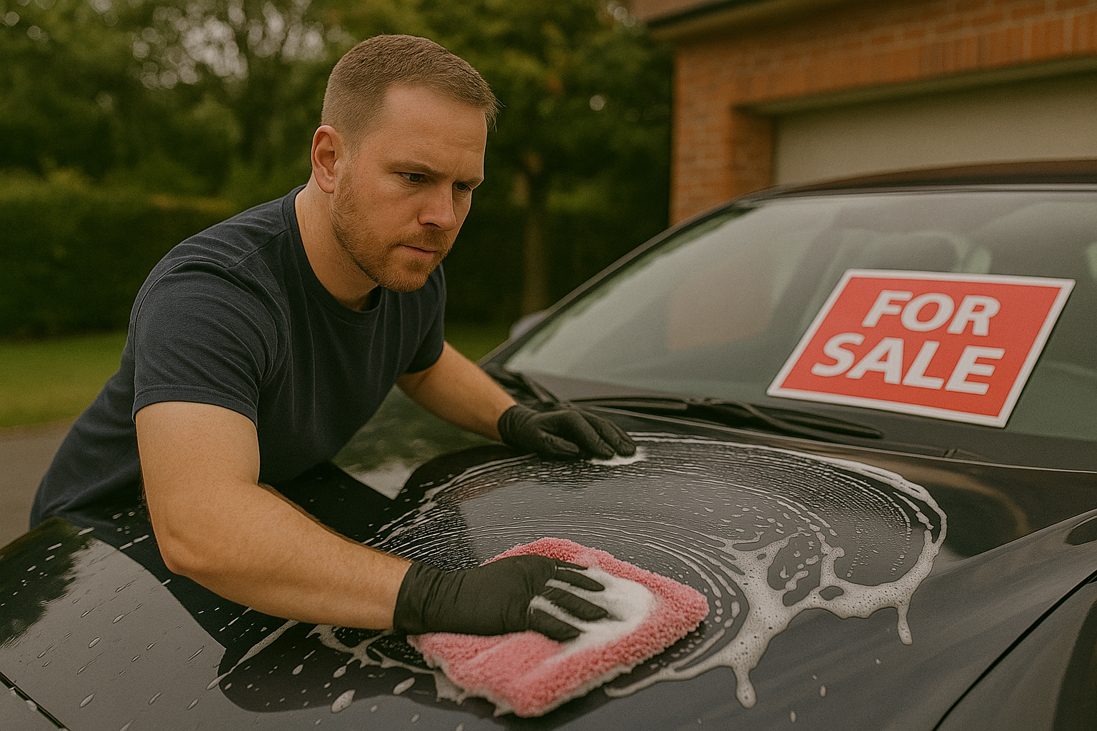 Man cleaning and preparing car for sale with for sale sign on bonnet