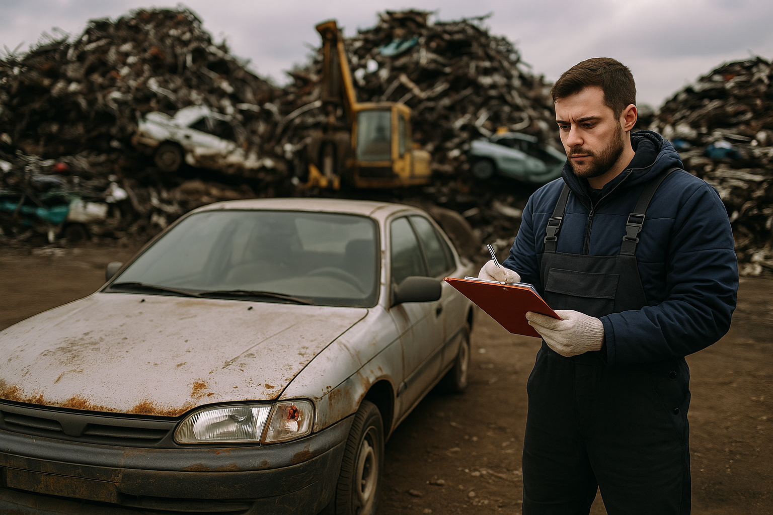 Scrap car buyer assessing damaged vehicle for cash valuation at scrapyard