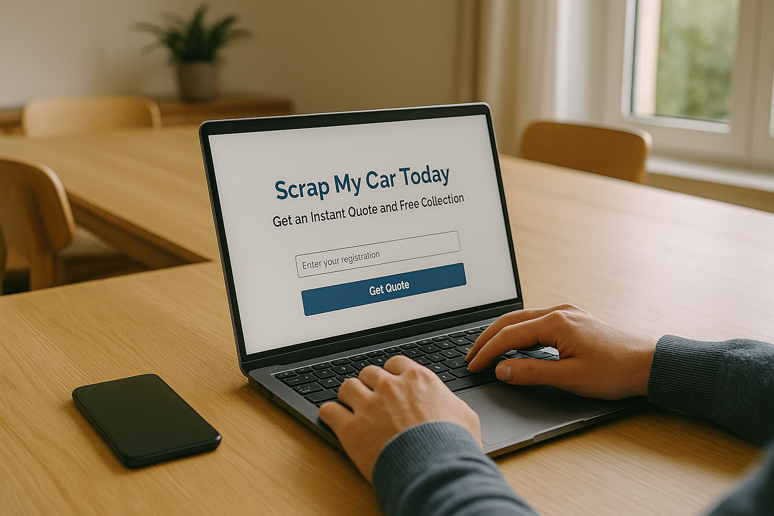 Person using a laptop on a wooden desk to get an instant scrap car quote online