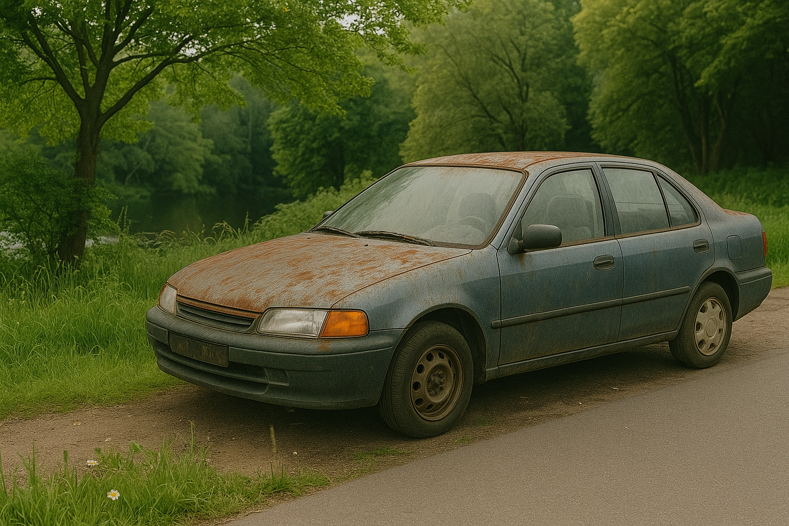 Old rusty blue car parked beside a road in a green park with trees in the background