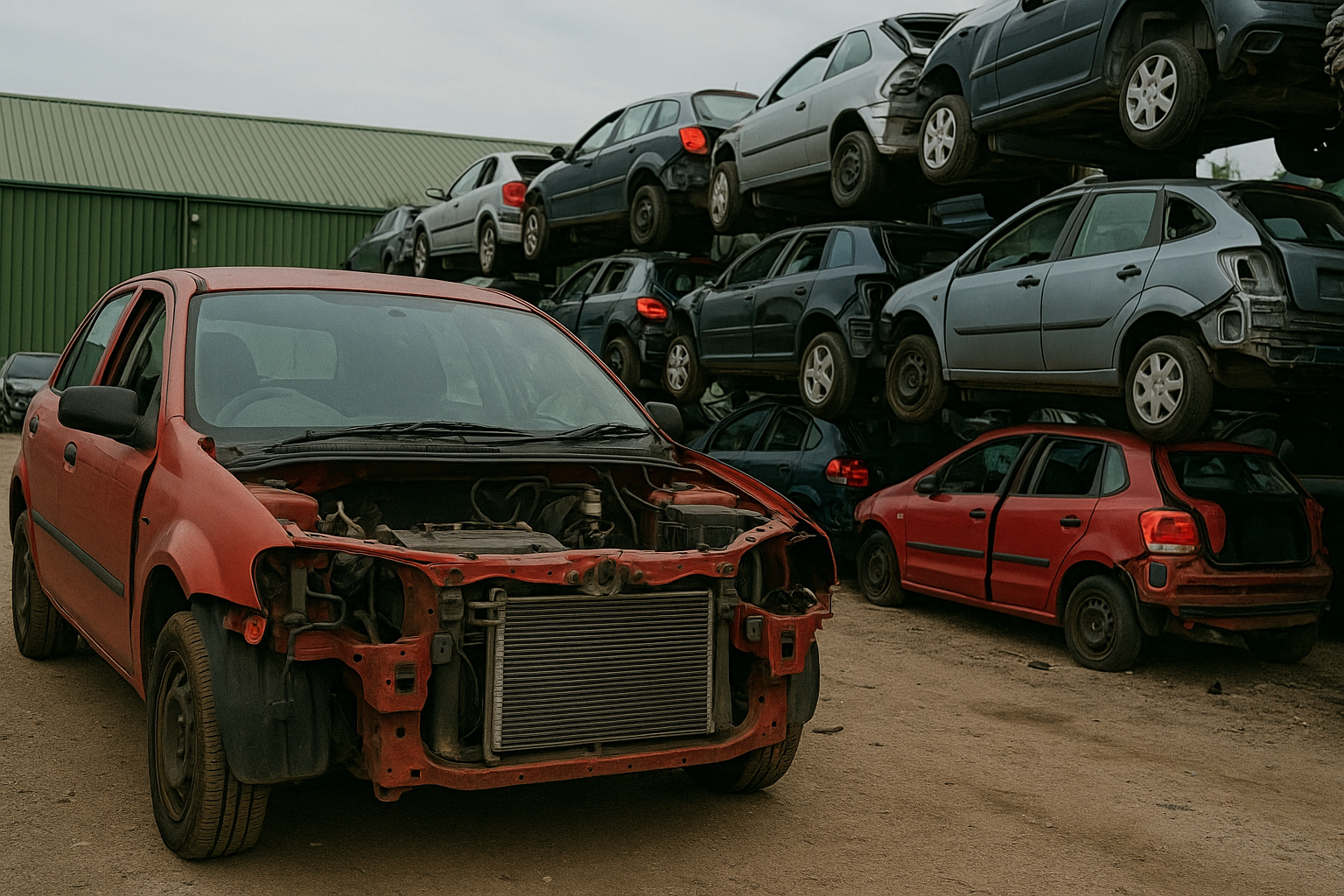 Scrap cars stacked in a UK scrapyard with a damaged red vehicle in front