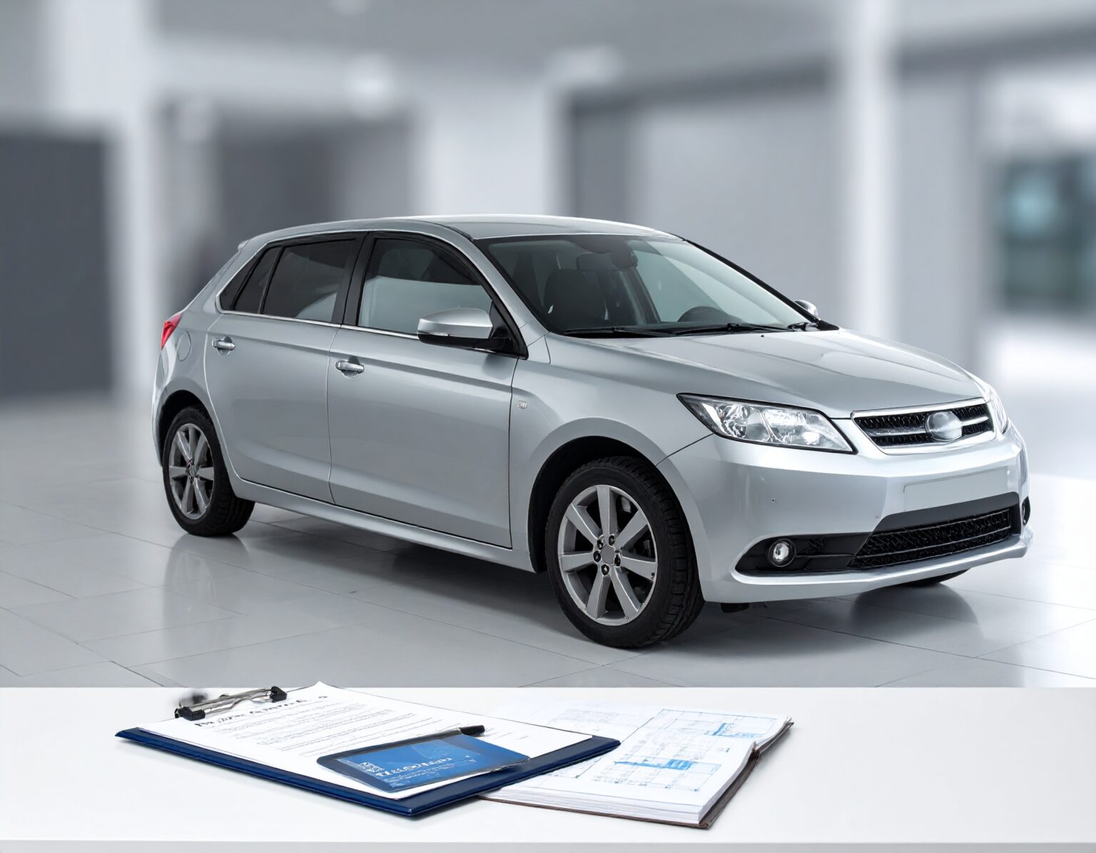 pristine silver hatchback car positioned in a modern, well-lit indoor showroom or evaluation center