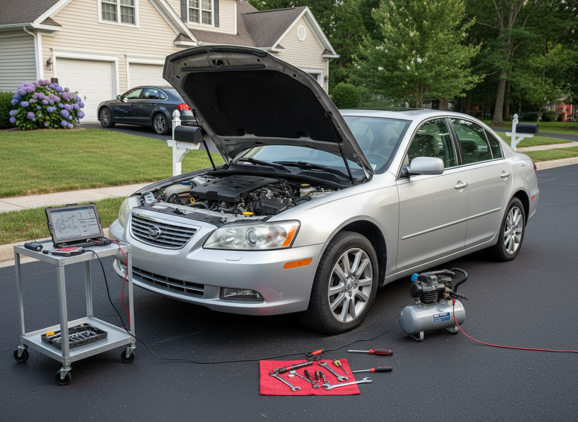 Car with hood open, engine visible, tools, compressor, and laptop on driveway - potential repairs.