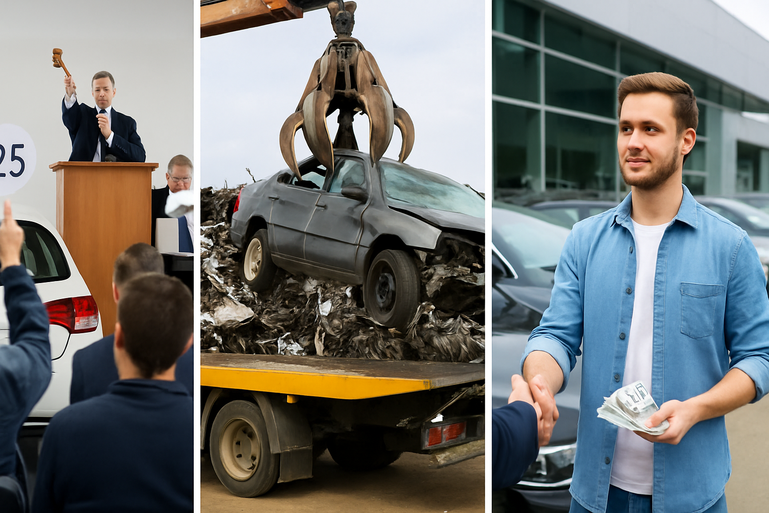 Car selling options: auction, "scrap" car, or cash sale. Depicts auction, scrapyard claw, & handshake for cash.