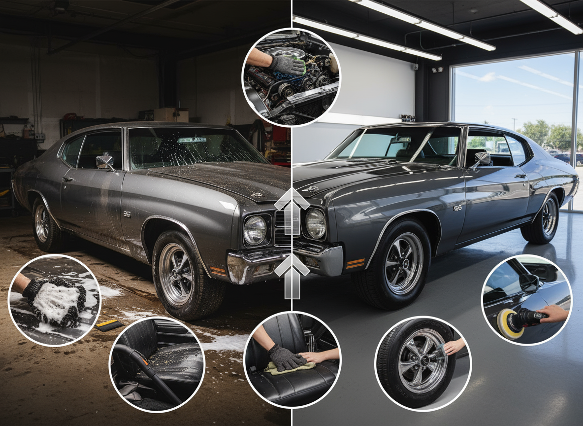 Classic gray car "before and after" detailing transformation. Interior, engine, and exterior cleaning examples.