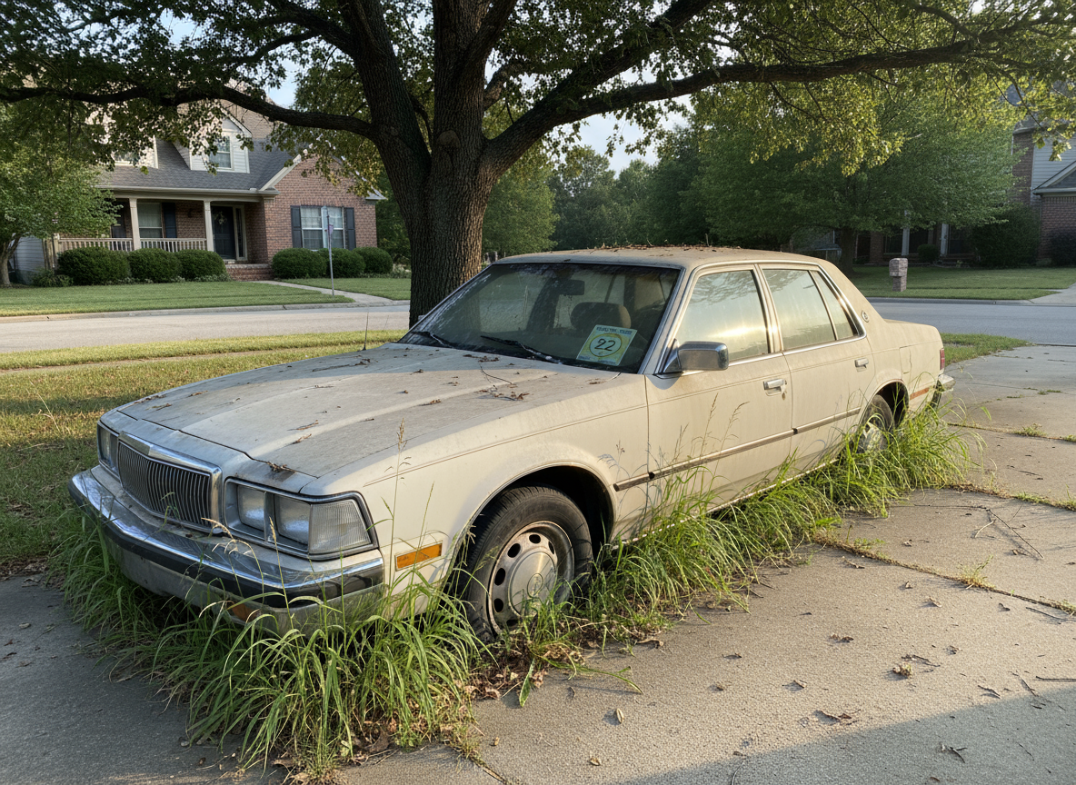 Dusty car parked with expired "22" registration visible on the windshield, grass growing around the tires.