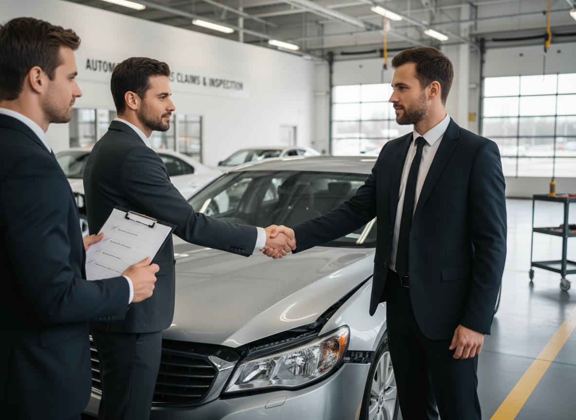 Two men in suits shake hands in front of a damaged car. "Sell a vehicle" inspection.