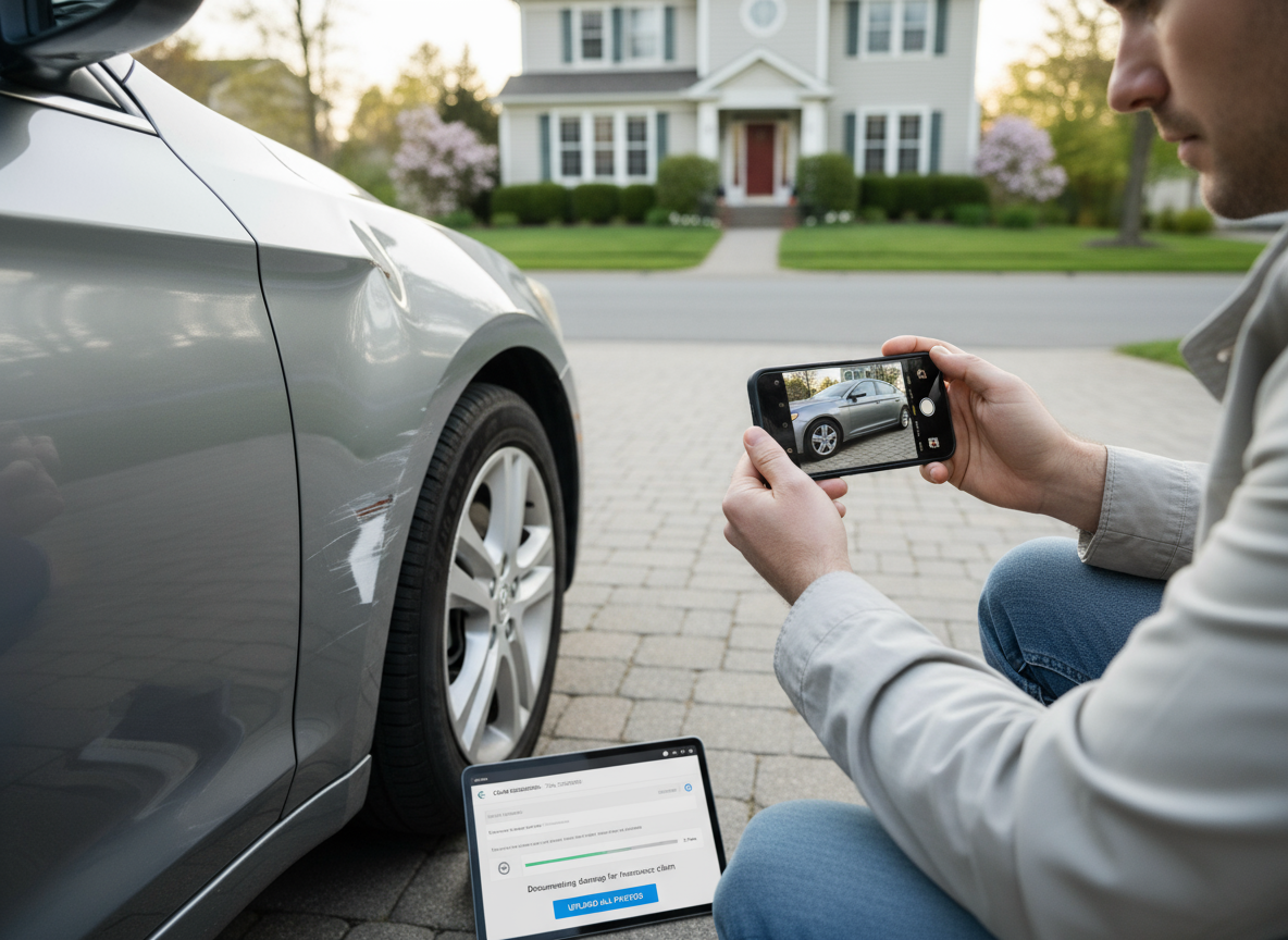 Damaged car: Person taking photos with phone for "sell my car" claim. Tablet shows claim form.