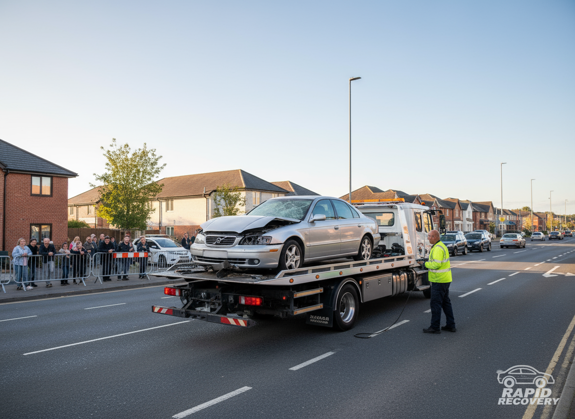 Damaged silver car on a flatbed tow truck. "Professional recovery scene" with onlookers.