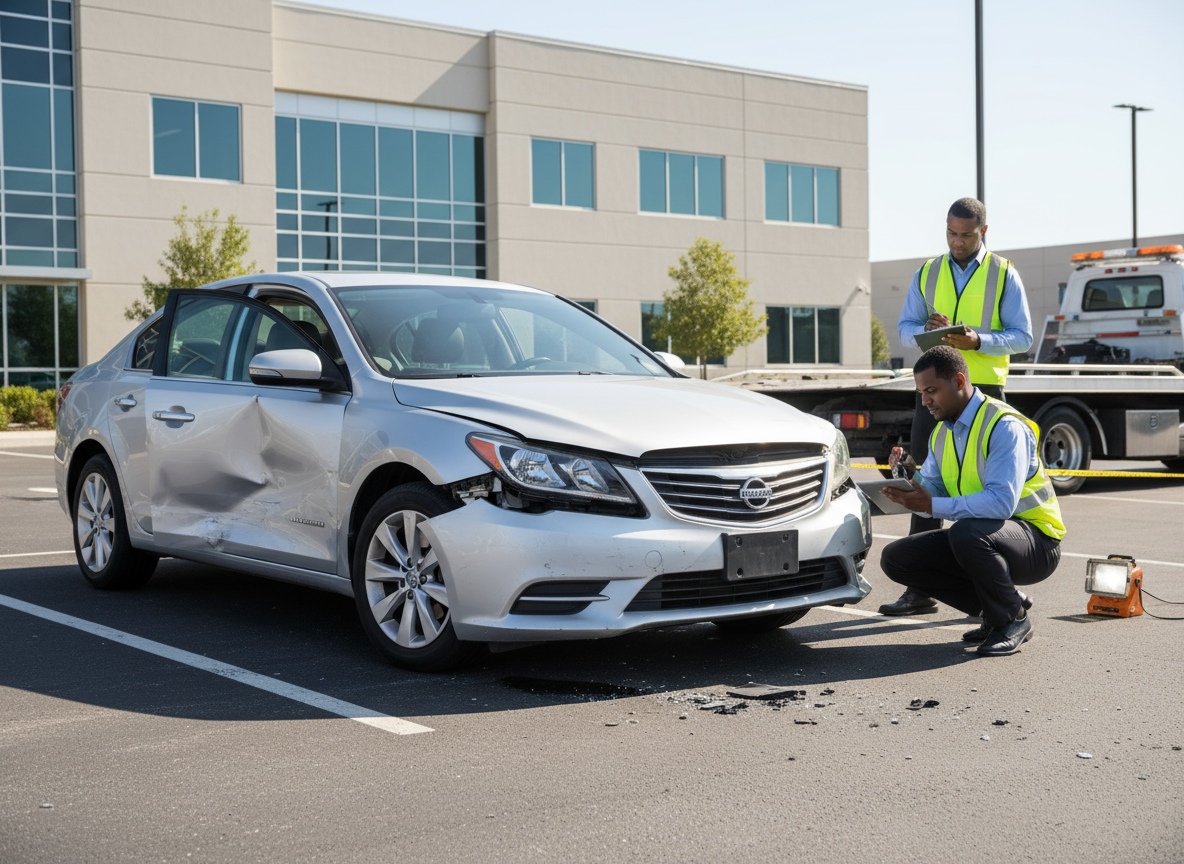Damaged silver car with dented doors and cracked bumper being inspected after an accident.