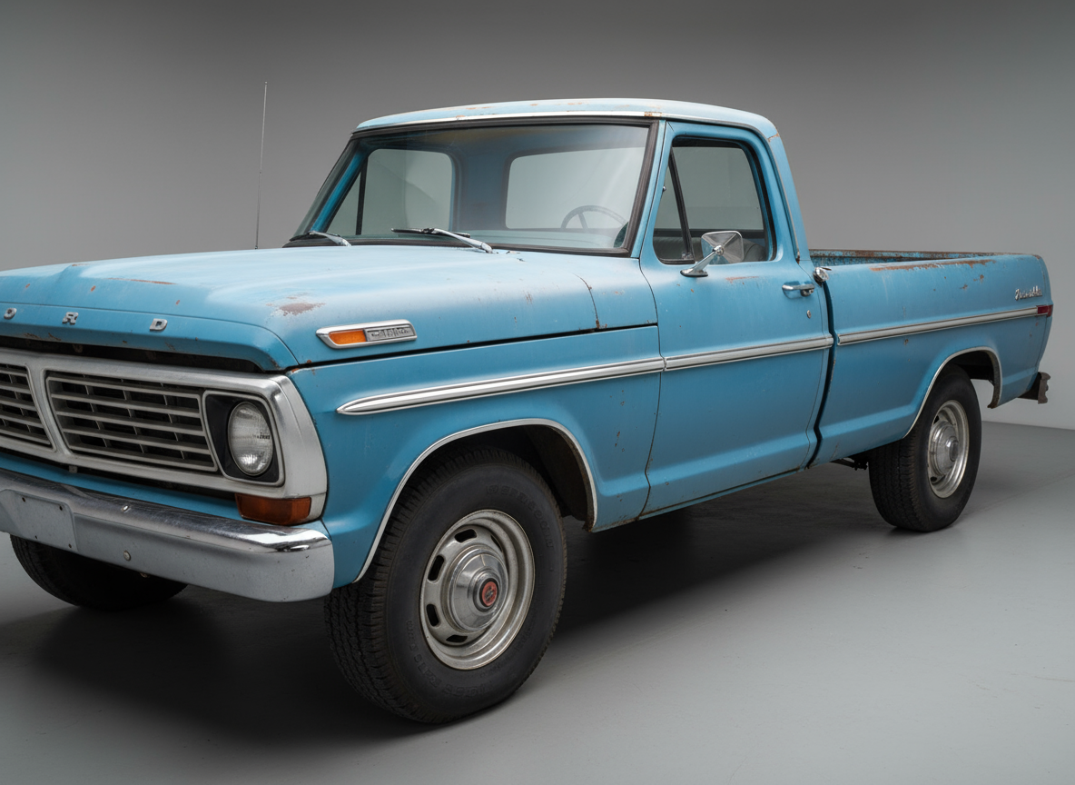 Worn light-blue Ford F-100 pickup truck. Classic, vintage vehicle with faded paint and patina.
