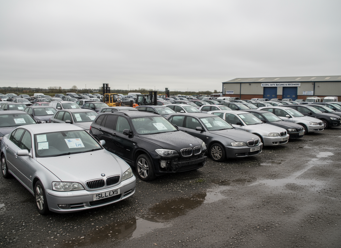 Damaged vehicles in a salvage yard. BMWs and other makes. "Sell a Vehicle" potential.