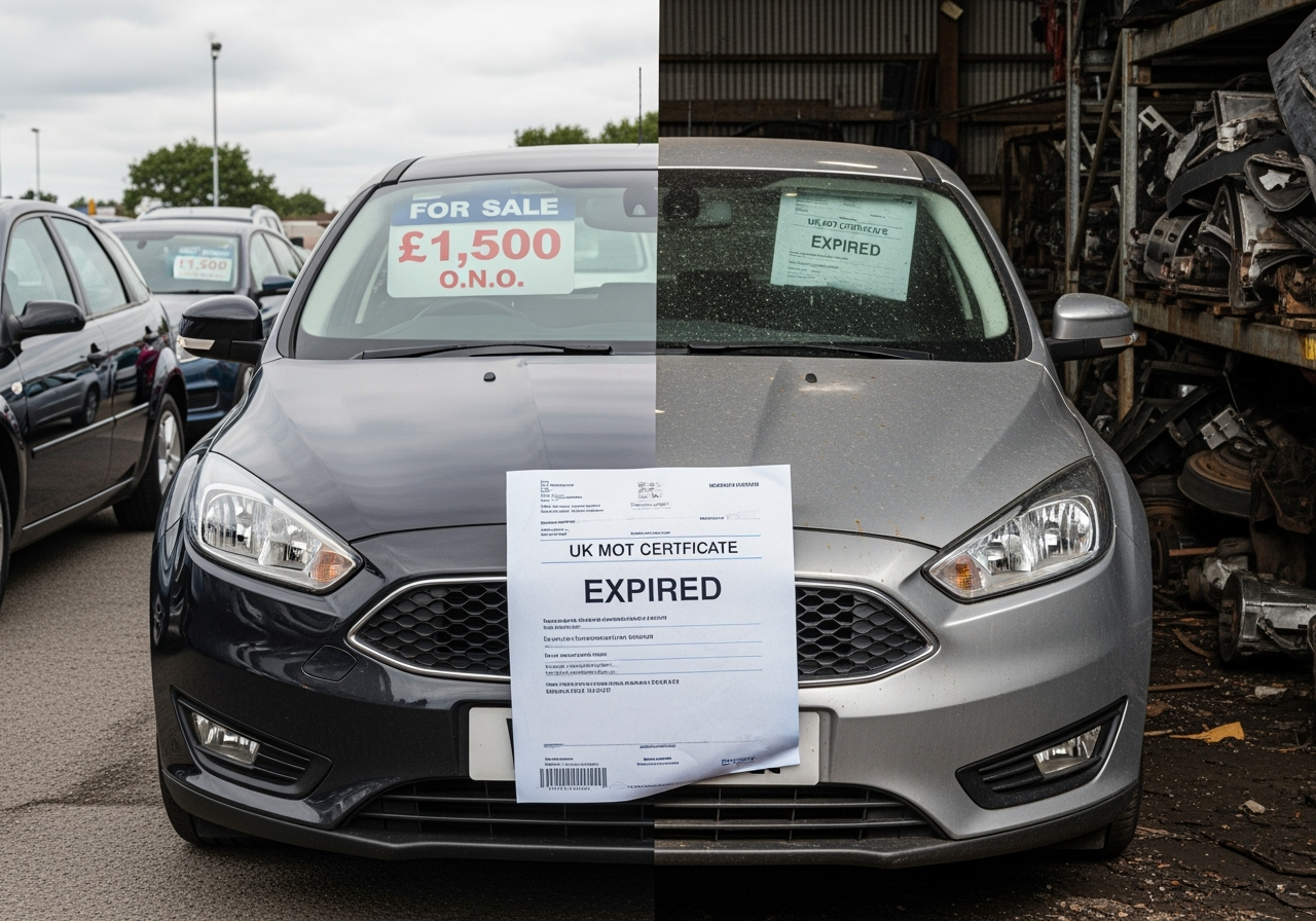 Car-with-expired-MOT-certificate-document-visible-split-decision-concept-showing