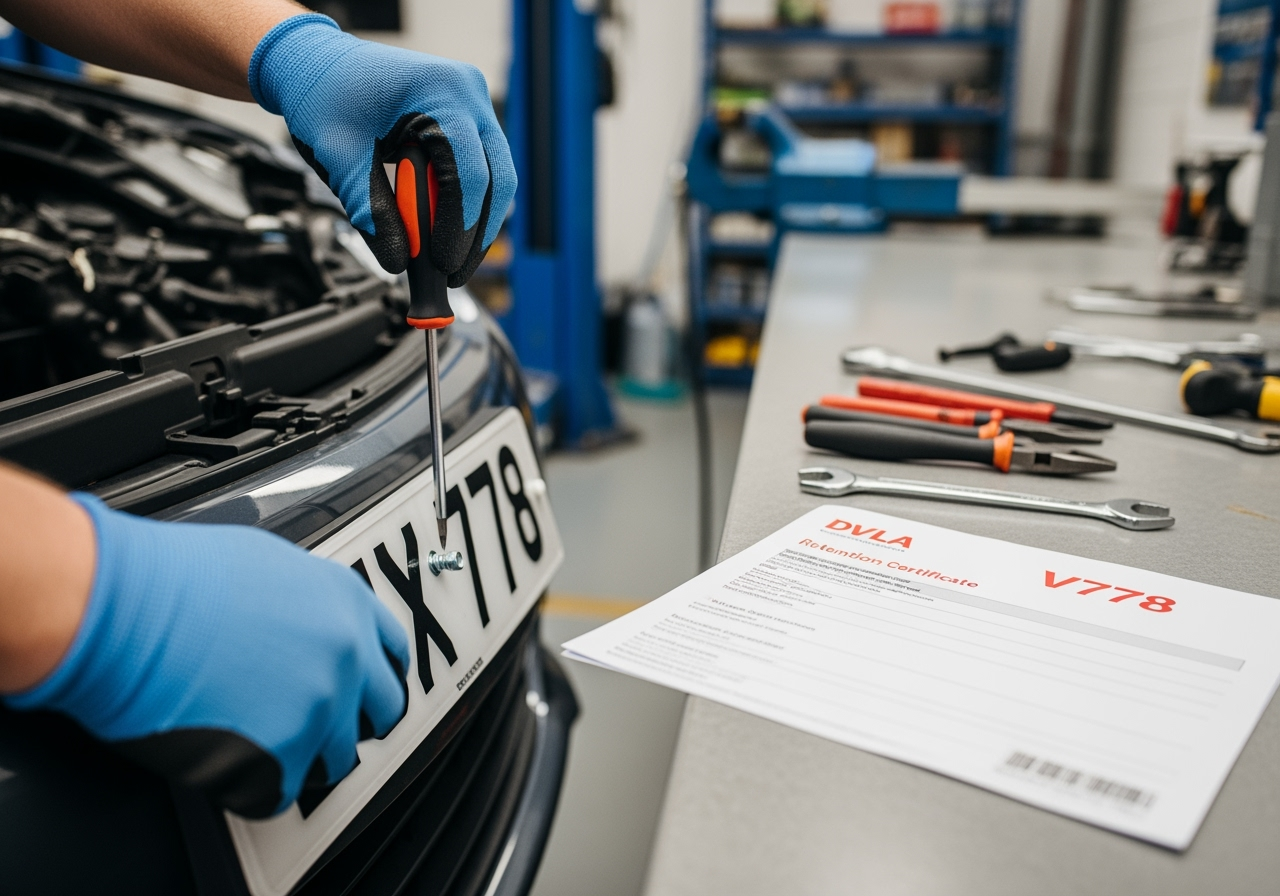 Car-number-plate-being-removed-with-screwdriver-or-tools-hands-unscrewing-registration