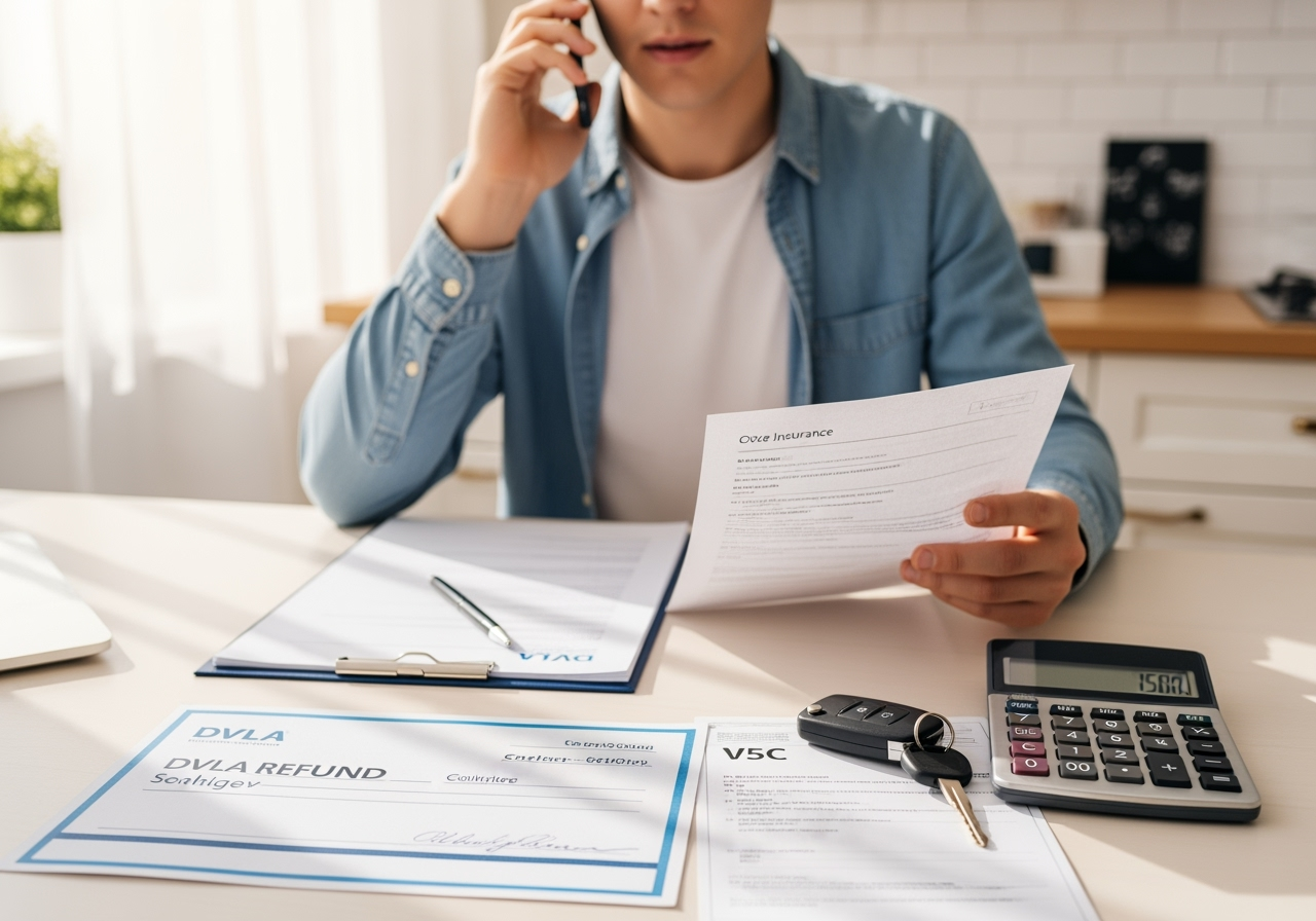 Person-on-phone-call-cancelling-car-insurance-with-paperwork-spread-on-desk-DVLA