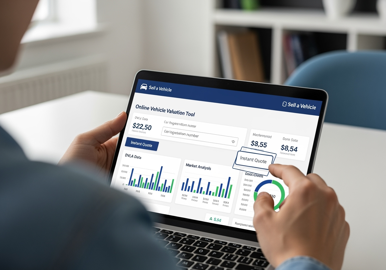 Person-using-laptop-or-smartphone-showing-Sell-a-Vehicle-online-valuation-tool