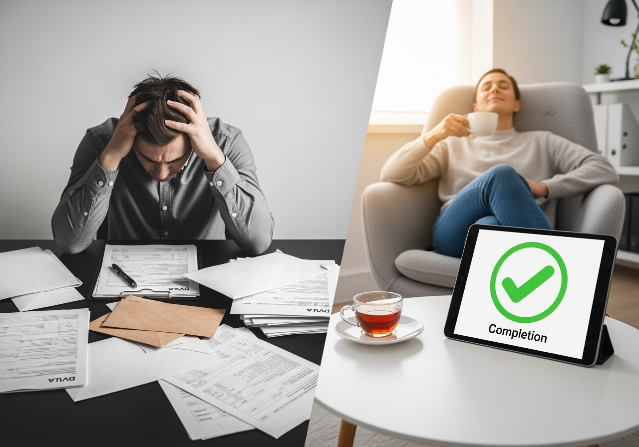 Relief-and-simplicity-concept-person-relaxing-while-paperwork-and-DVLA-forms