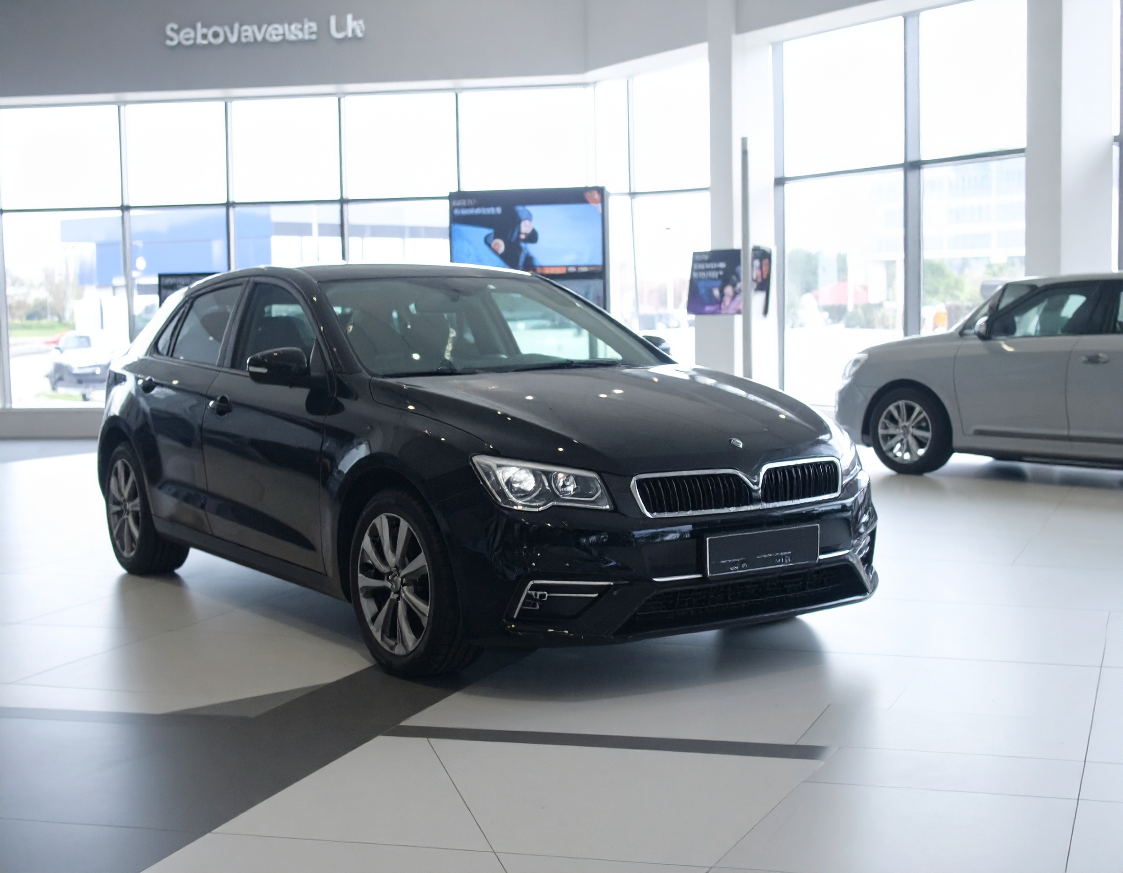 Black car on display, modern showroom. "SellAVehicle.co.uk" car selling process.