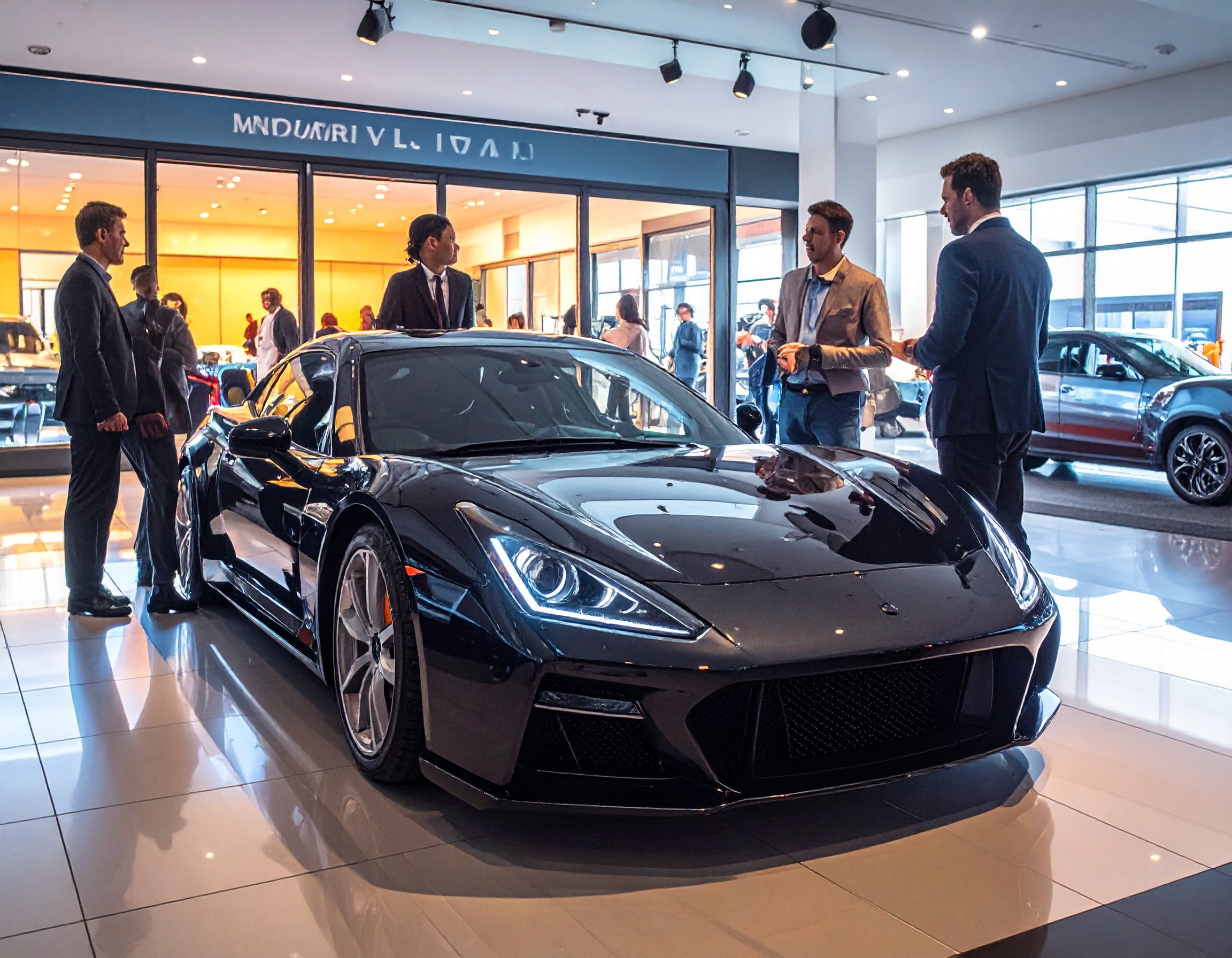 Sleek black sports car in showroom with people. "Selling Your Car in Manchester" - get the best deal locally.
