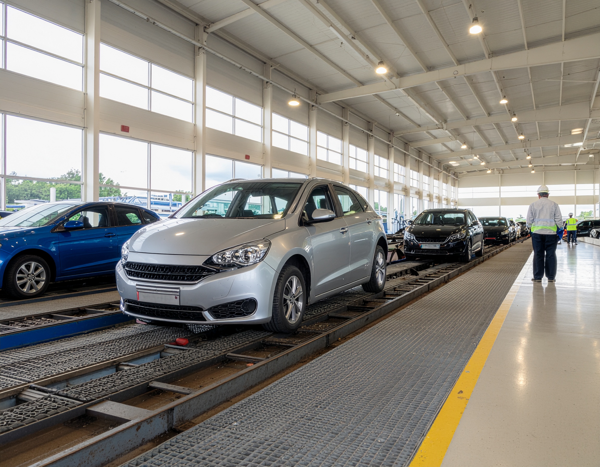 Cars at an "Eco-friendly car recycling facility" on a processing line with licensed workers.