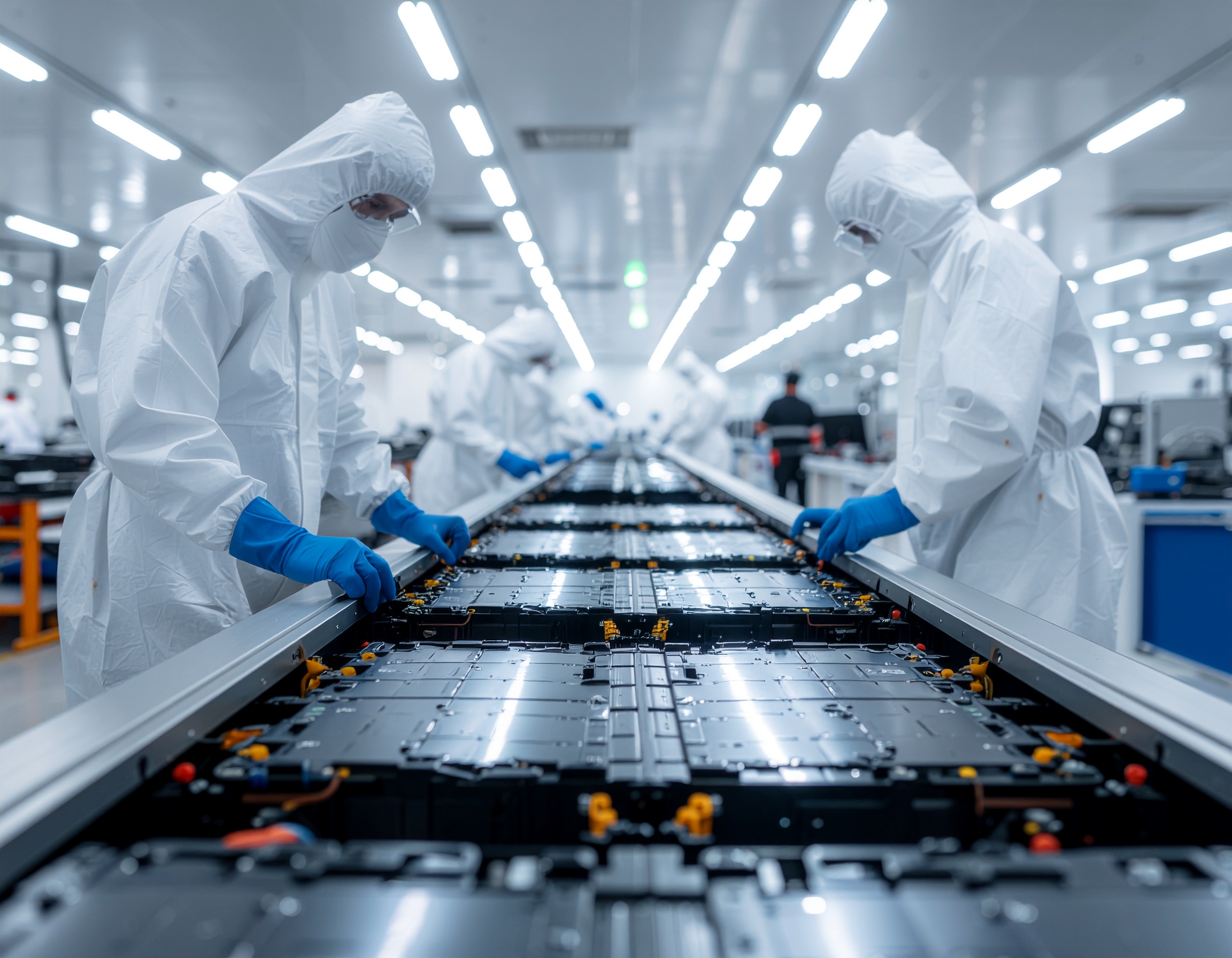 Specialist technicians safely dismantling a "Firefly" electric vehicle battery pack in a cleanroom.