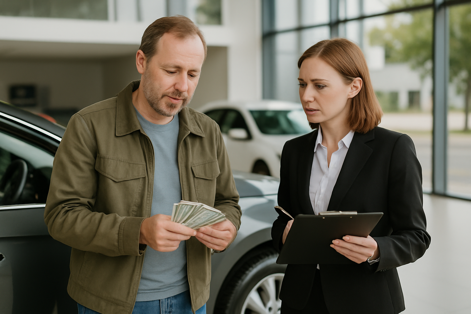 Man with cash selling car to dealer. Woman appraising vehicle for "sell for cash" offer.