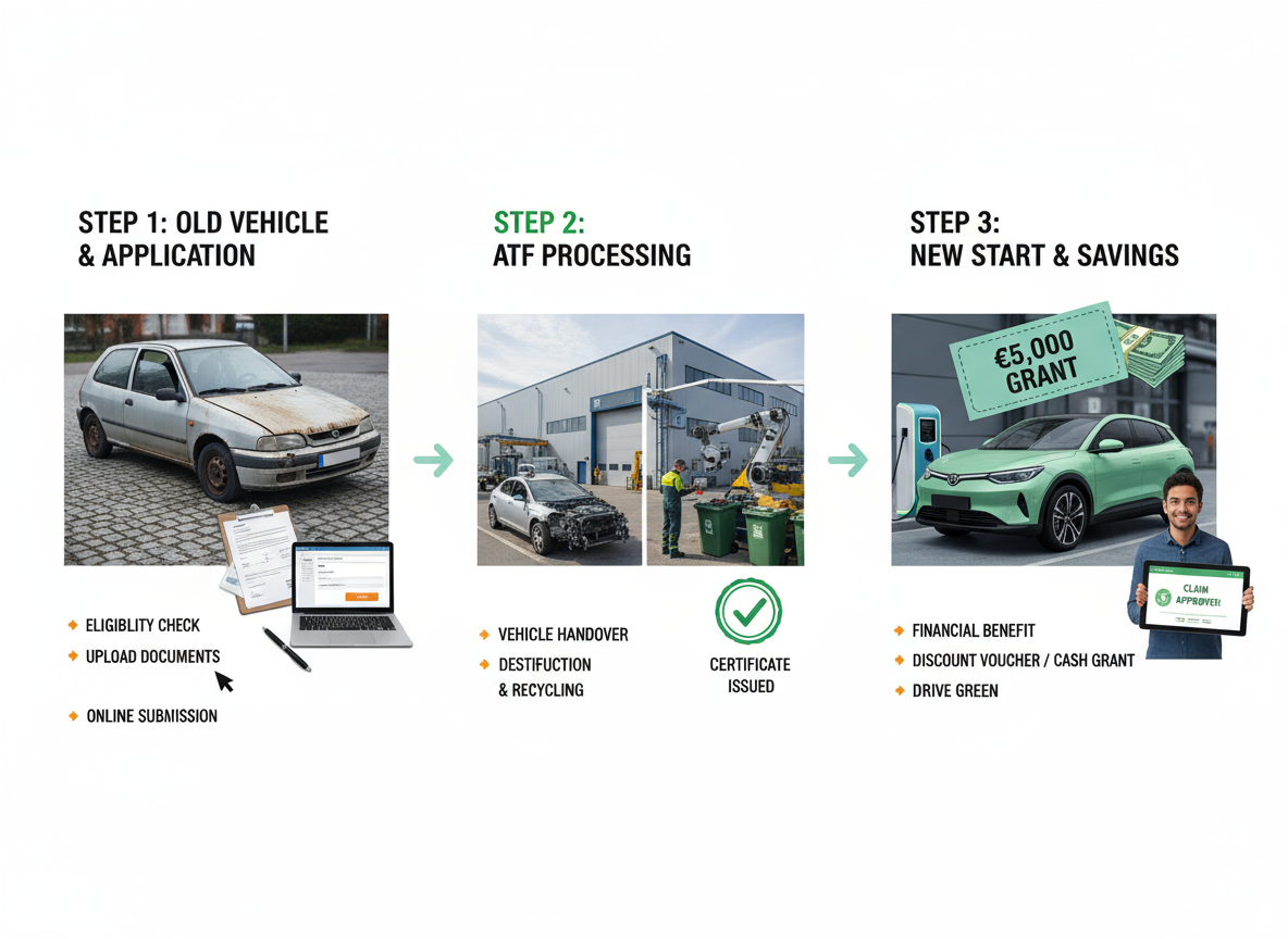 Scrappage scheme infographic: Old car to recycling to new EV with a "€5,000 grant" and claim approval.
