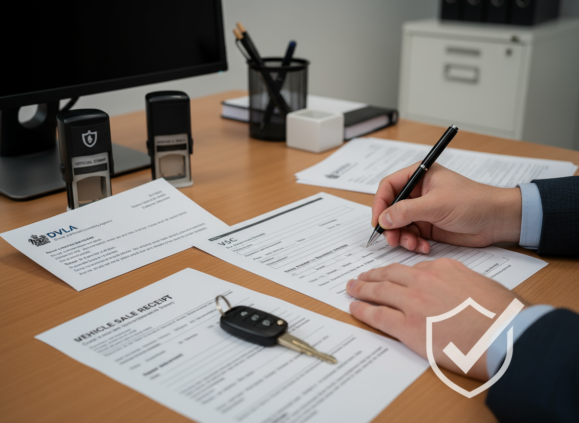 Completing a "V5C" logbook. Pen filling in vehicle ownership transfer form. Car key & DVLA document on desk.