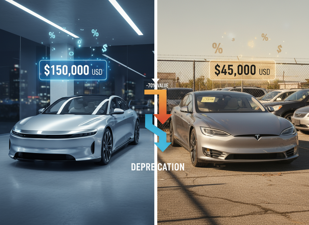 Car depreciation concept: New Lucid ($150,000) vs. Used Tesla ($45,000), showing -70% value loss.