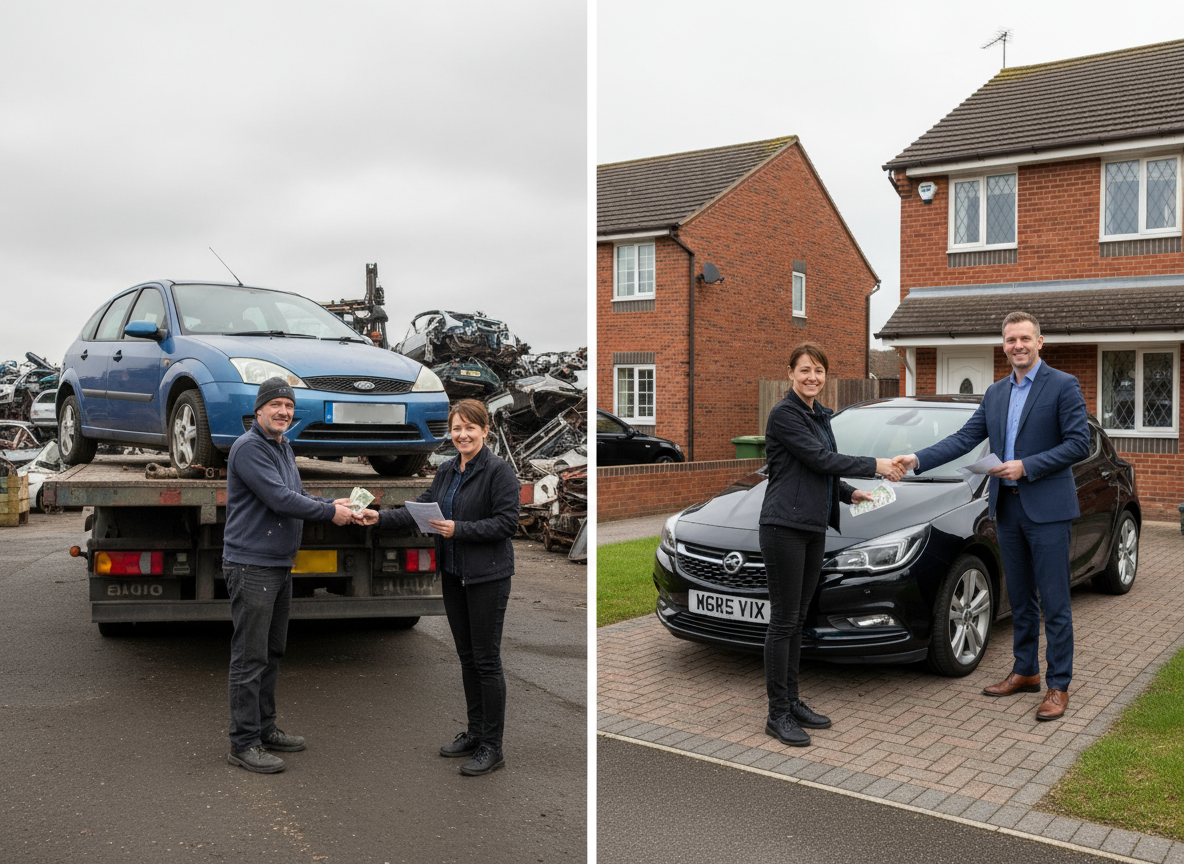 Sell My Car" split screen: Scrapped car vs. newer model, cash exchange. UK car selling options.