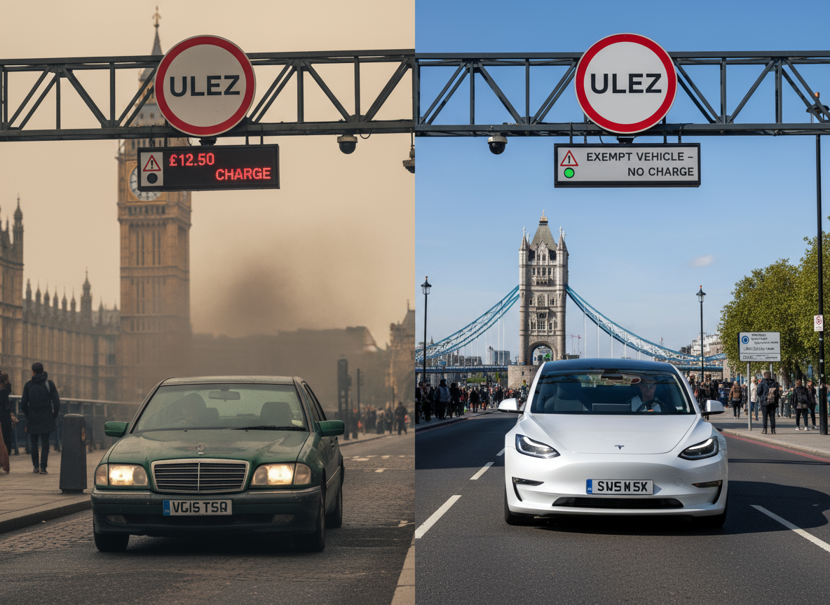 London ULEZ comparison: polluting car incurring £12.50 charge vs. exempt EV. Shows cleaner air with "no charge.