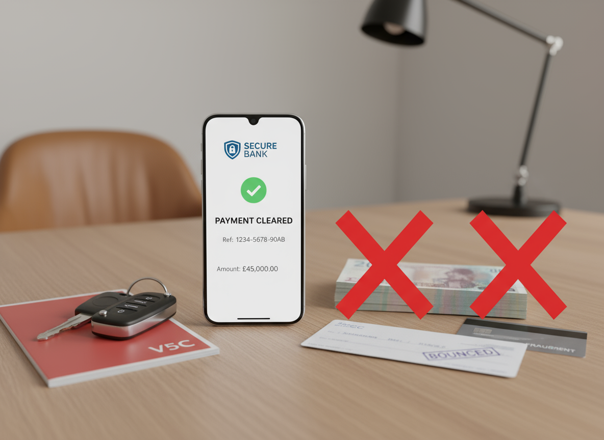 Secure bank transfer" confirmed on phone, car keys and V5 present. Avoid bounced checks and "fraugment" cards.
