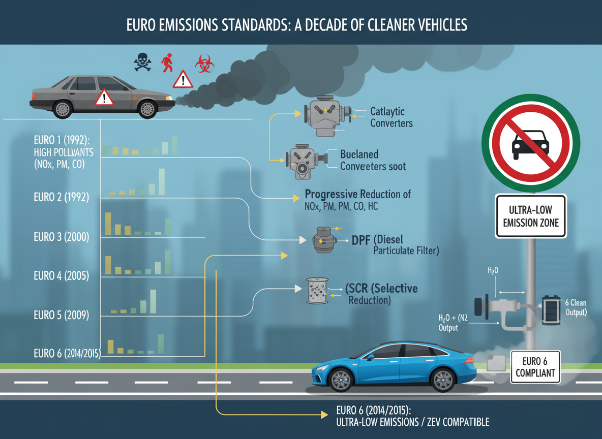 Euro Emissions Standards infographic: Timeline of vehicle pollution reduction from Euro 1 to Euro 6, "a decade of cleaner veh