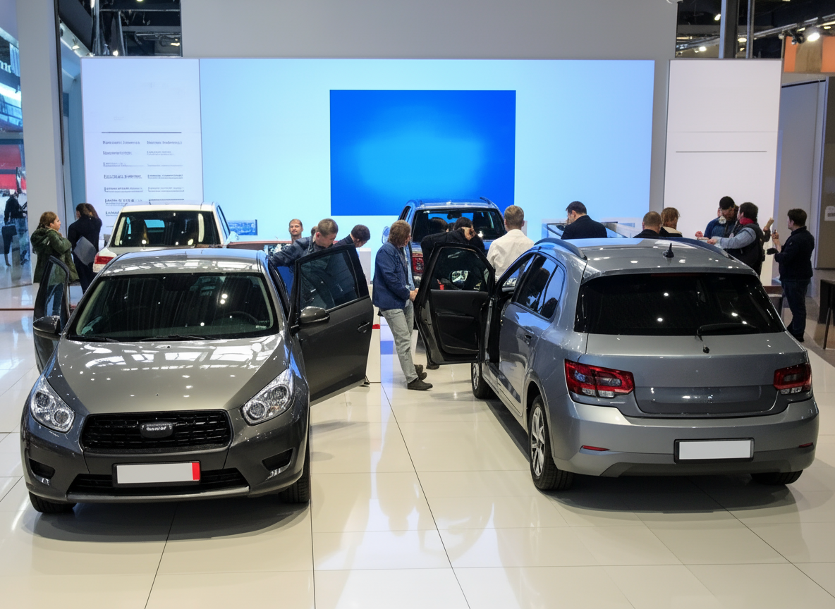 Car show display of the "Firefly Gemini Flash" vehicles, with attendees examining the new models.