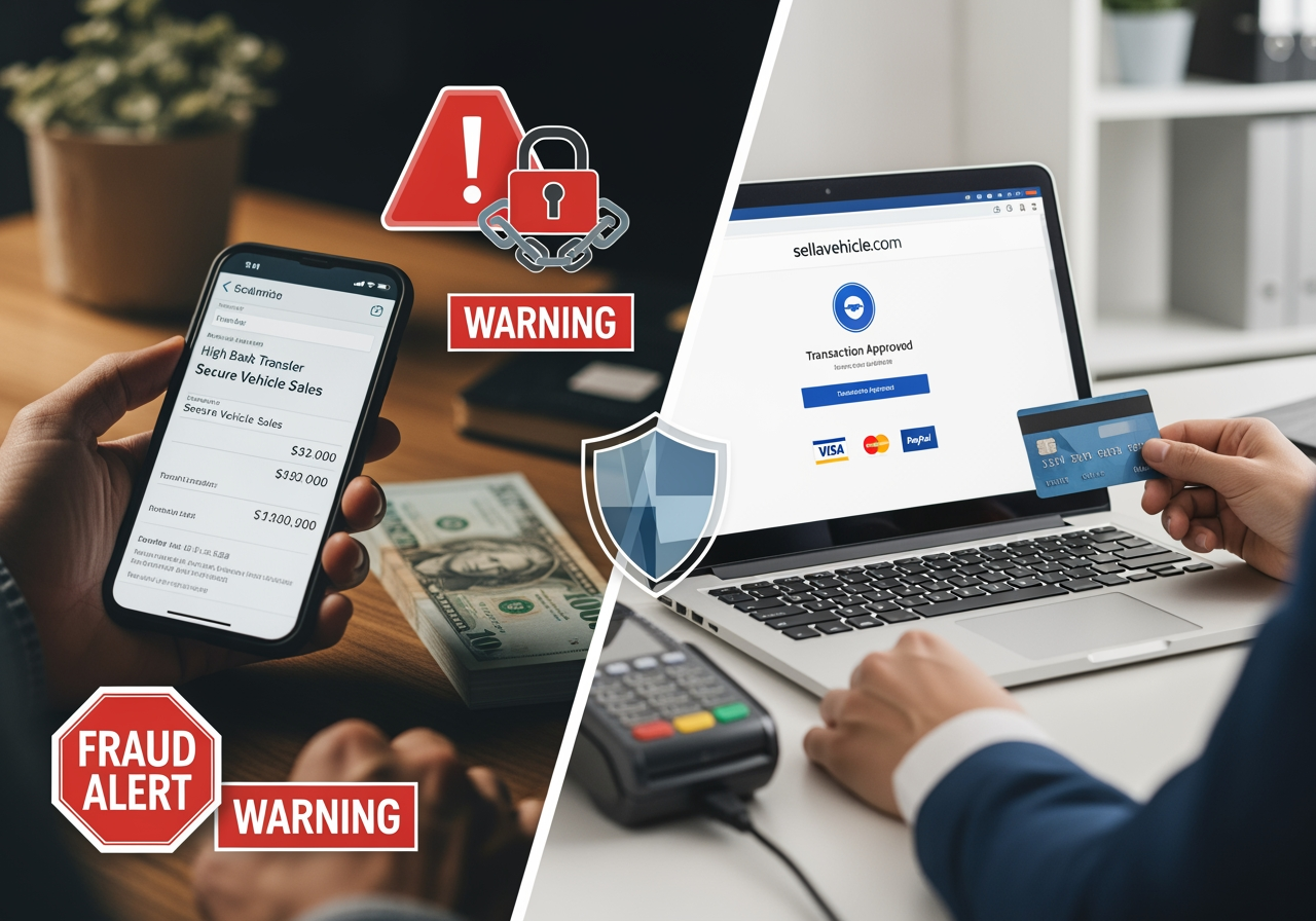 Vehicle sale scam: Fake "bank transfer" screenshot on phone vs. secure online payment. Fraud alert.