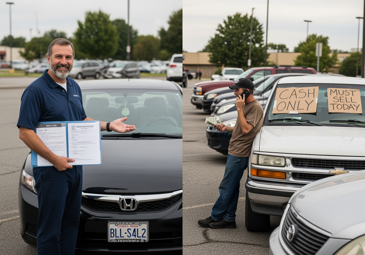 Suspicious" car dealer comparison: Licensed vs. unlicensed sellers with "Cash Only" and "Must Sell Today" signs.