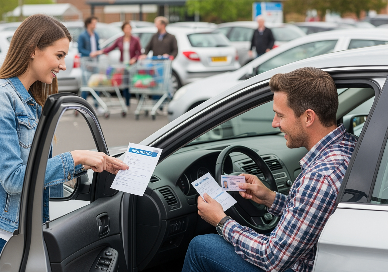 Checking "buyer's" driving license and insurance before a car test drive.