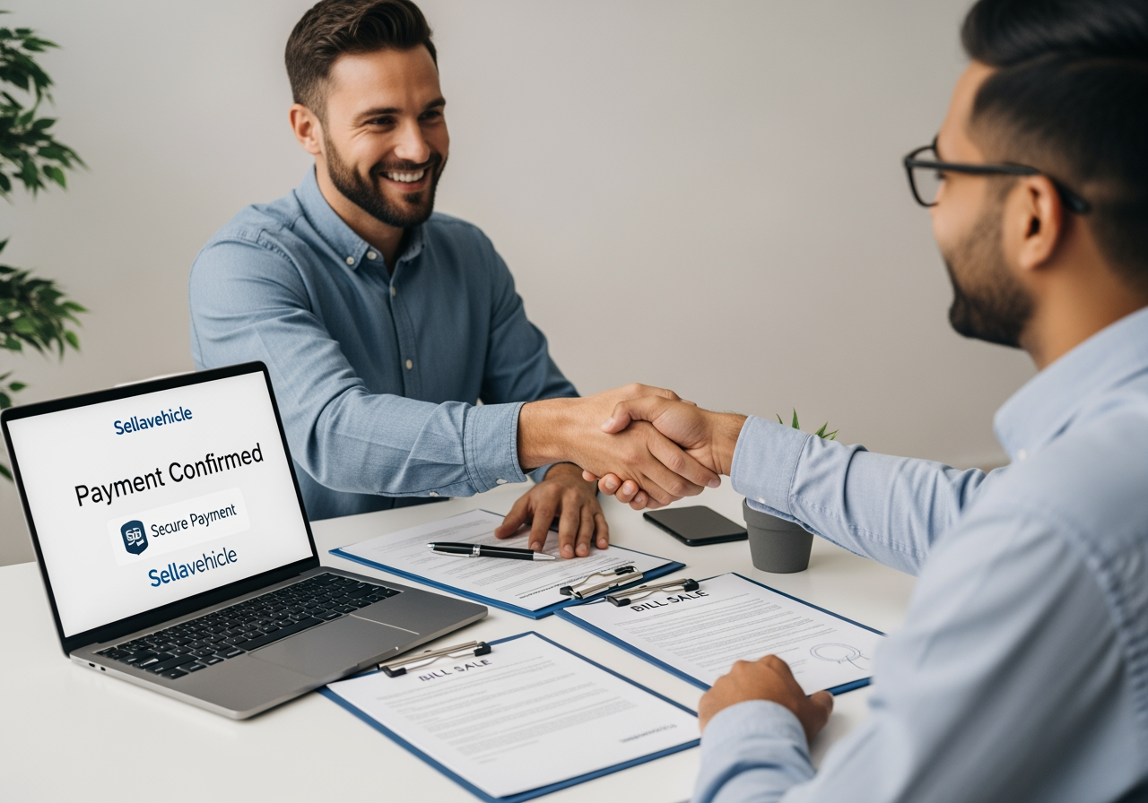 Sellavehicle" representative shakes hands after secure payment. Laptop shows "Payment Confirmed.