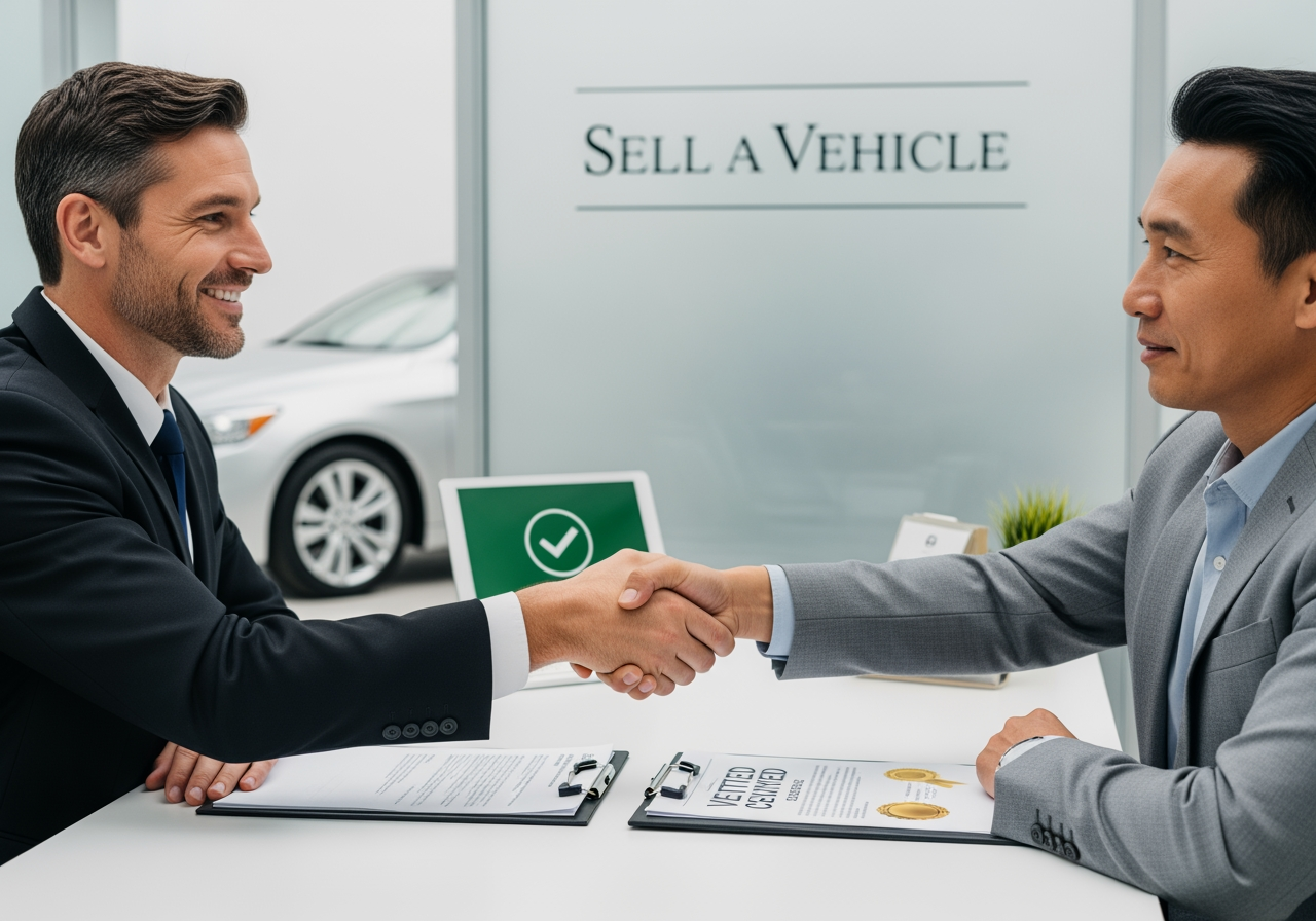 Handshake sealing a "Sell a Vehicle" deal. Happy buyer/seller, paperwork, car, and laptop with green checkmark visible.