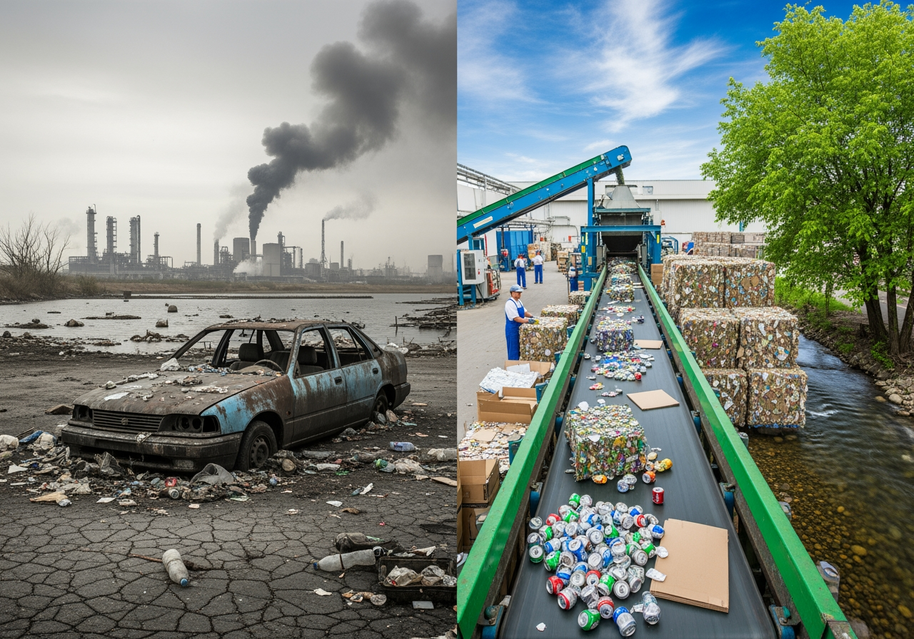 Split image: Polluted environment with rusting car/factory vs. recycling plant with sorted cans and baled materials.