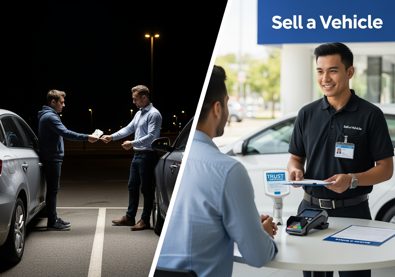 Risky private car sale vs. safe "Sell a Vehicle" company purchase. Split-screen comparison.