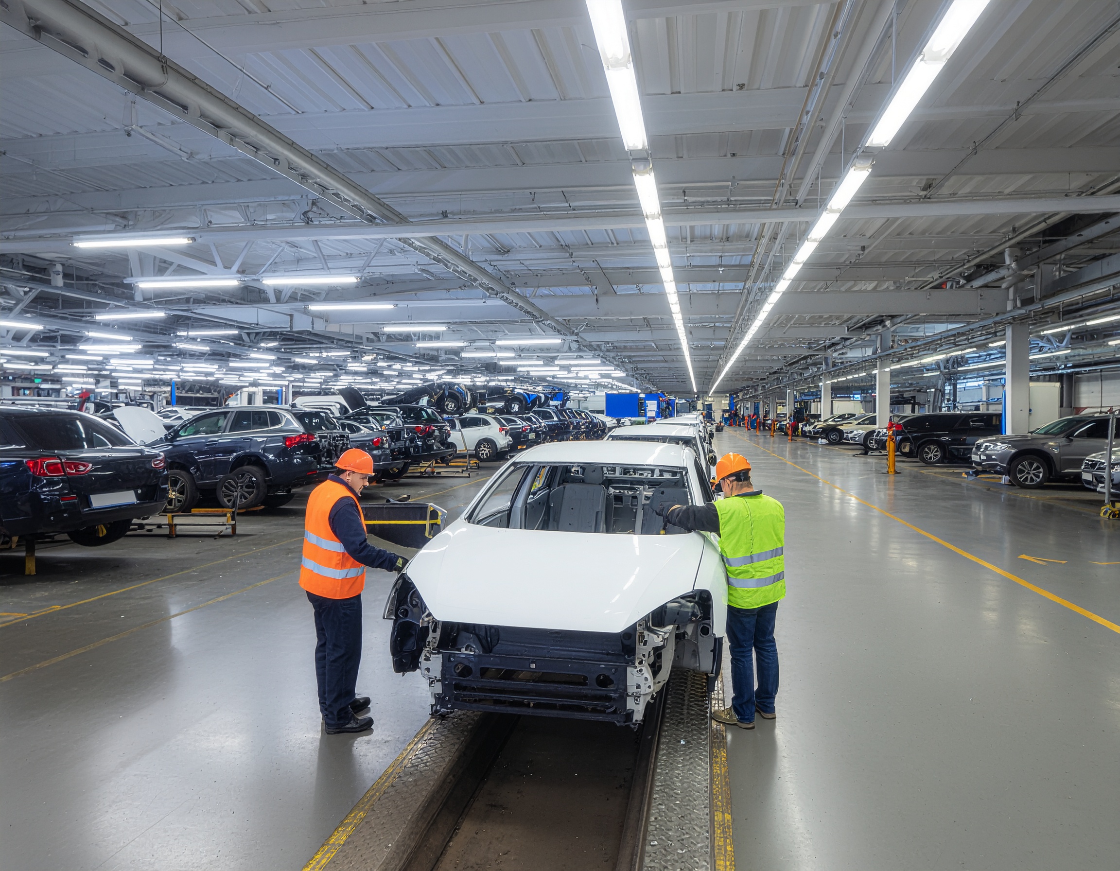 Car recycling facility: Workers dismantling a "Firefly" electric vehicle for parts.