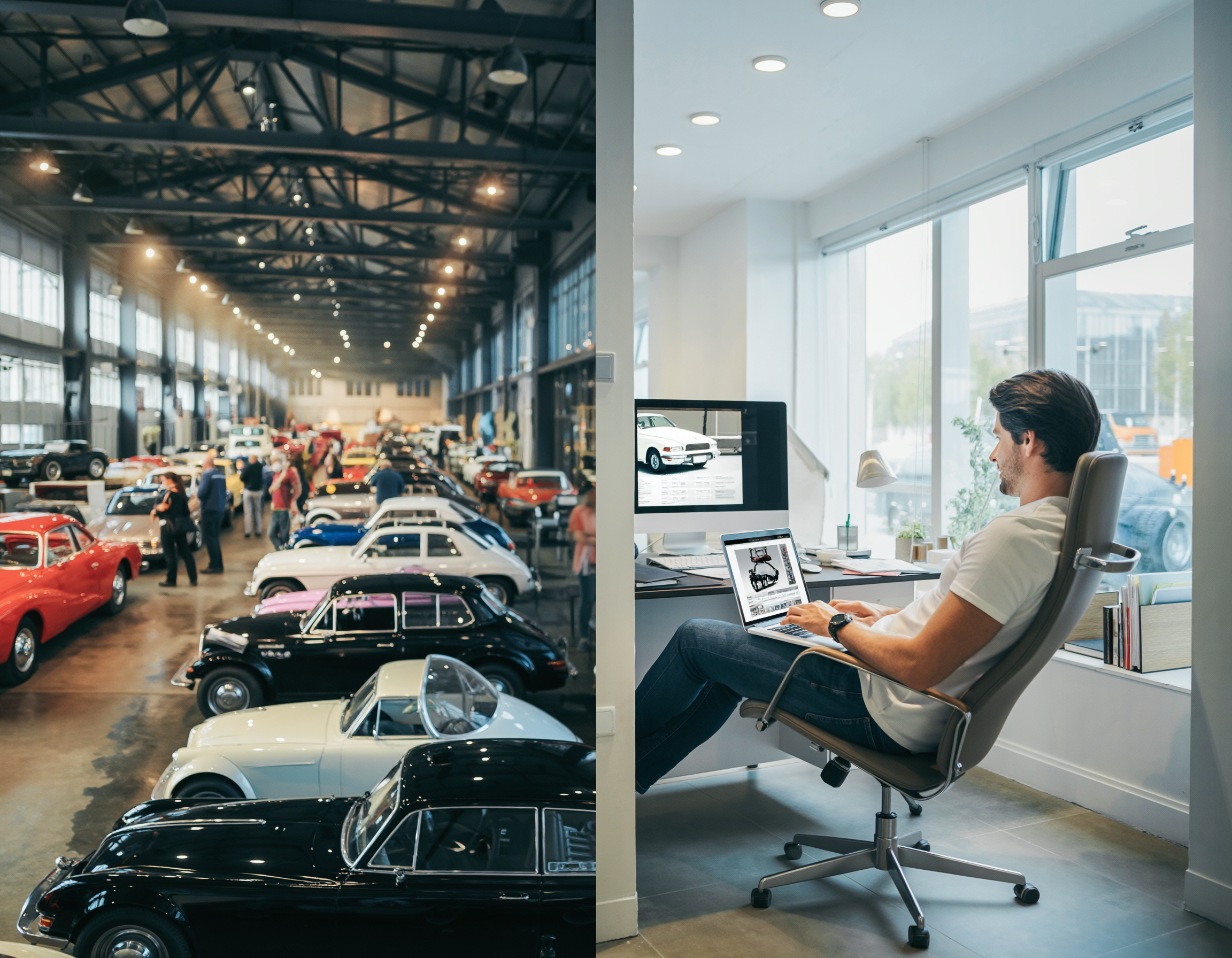 Split image showing a classic car show with vintage vehicles on the left, and a man browsing car listings on his computer at home on the right.