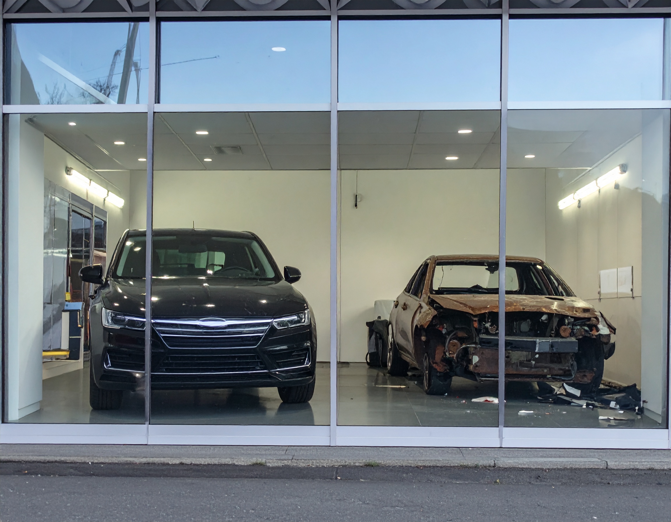Trade-In vs. Scrapping Your Car": Black car versus a damaged, scrapped vehicle behind glass.